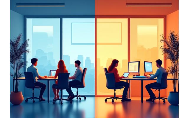 Illustration of individuals seamlessly moving between office and home settings, depicting a balanced hybrid work environment.